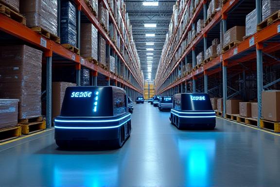 Robot mobili autonomi (AMR) che trasportano merci in un magazzino intelligente