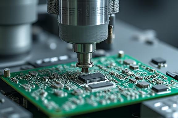 Dettaglio di un braccio robotico SCARA che effettua un assemblaggio elettronico di precisione