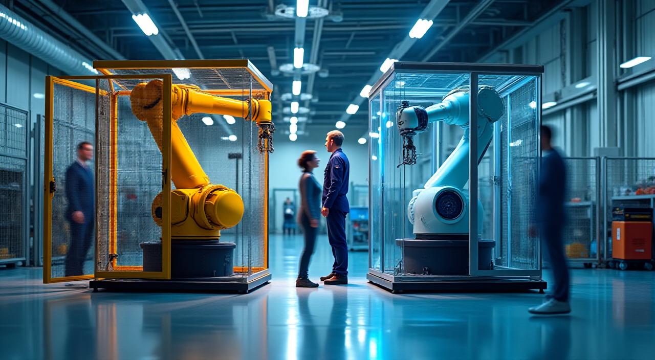 Confronto tra un cobot snello e un pesante robot industriale in una fabbrica